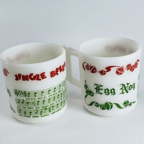 Hazel Atlas Egg Nog Jingle Bells Milk Glass Cups Mugs Set of 2 Tom & Jerry VTG - Picture 4 of 7